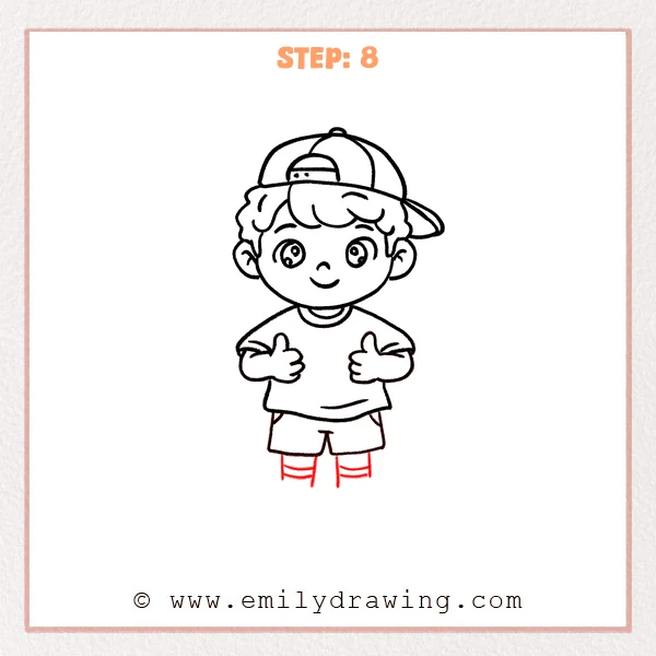 how to draw a cartoon boy - Cartoon boy with backward cap and two thumbs up, now with simple legs and striped socks drawn under the shorts.